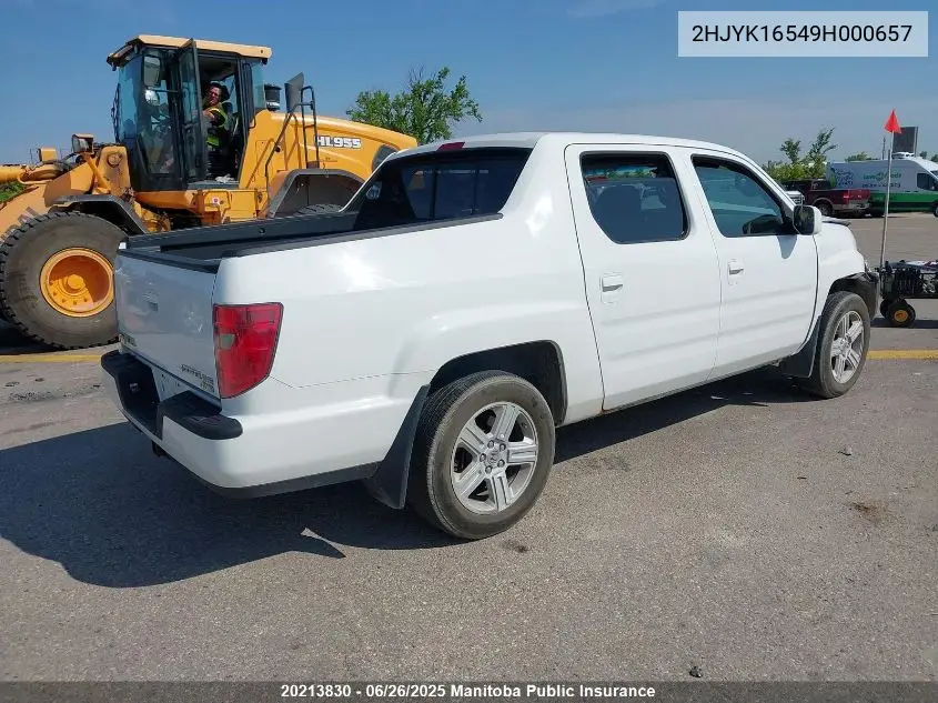 2009 Honda Ridgeline Ex-L VIN: 2HJYK16549H000657 Lot: 20213830