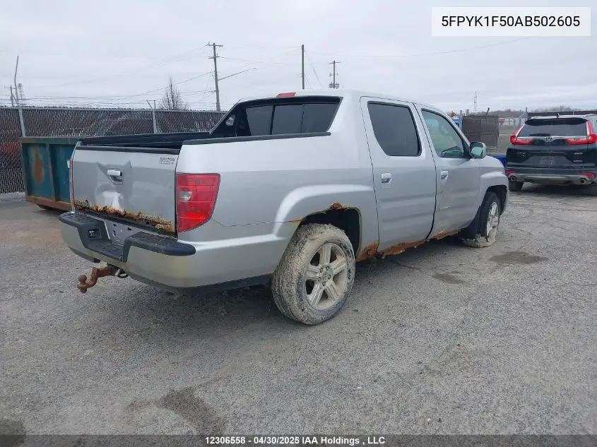 2010 Honda Ridgeline Ex-L/Vp VIN: 5FPYK1F50AB502605 Lot: 12306558X
