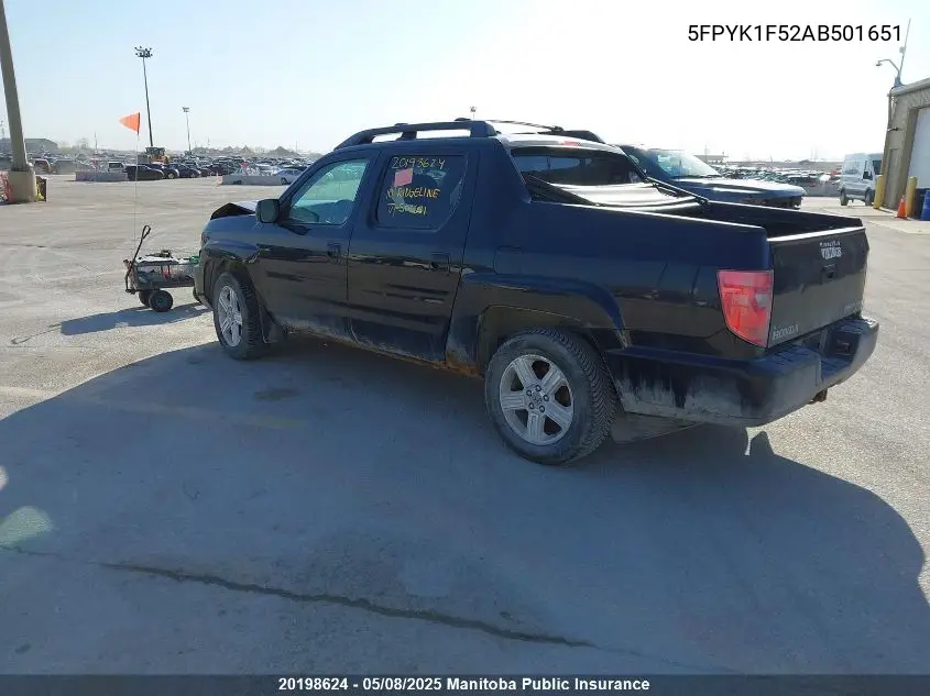 2010 Honda Ridgeline Ex-L VIN: 5FPYK1F52AB501651 Lot: 20198624
