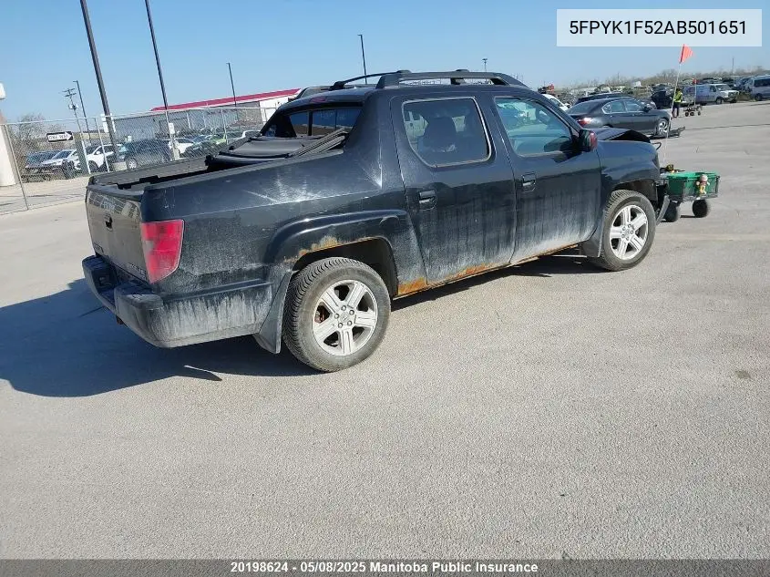 2010 Honda Ridgeline Ex-L VIN: 5FPYK1F52AB501651 Lot: 20198624