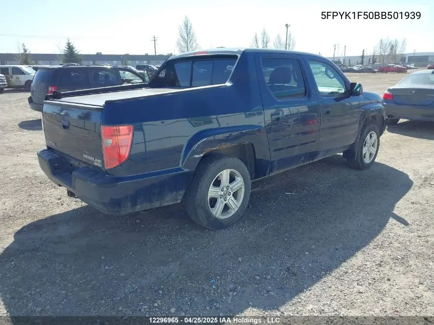 2011 Honda Ridgeline Ex-L/Vp VIN: 5FPYK1F50BB501939 Lot: 12296965