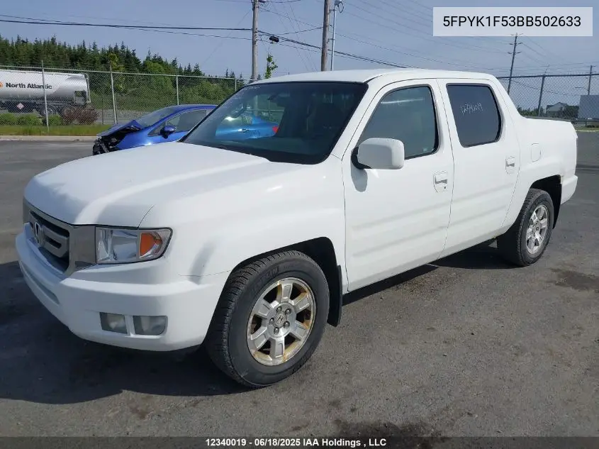 2011 Honda Ridgeline Rtl VIN: 5FPYK1F53BB502633 Lot: 12340019