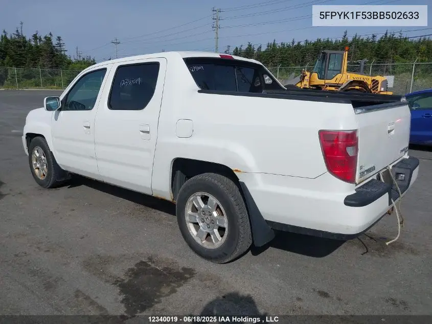 2011 Honda Ridgeline Rtl VIN: 5FPYK1F53BB502633 Lot: 12340019
