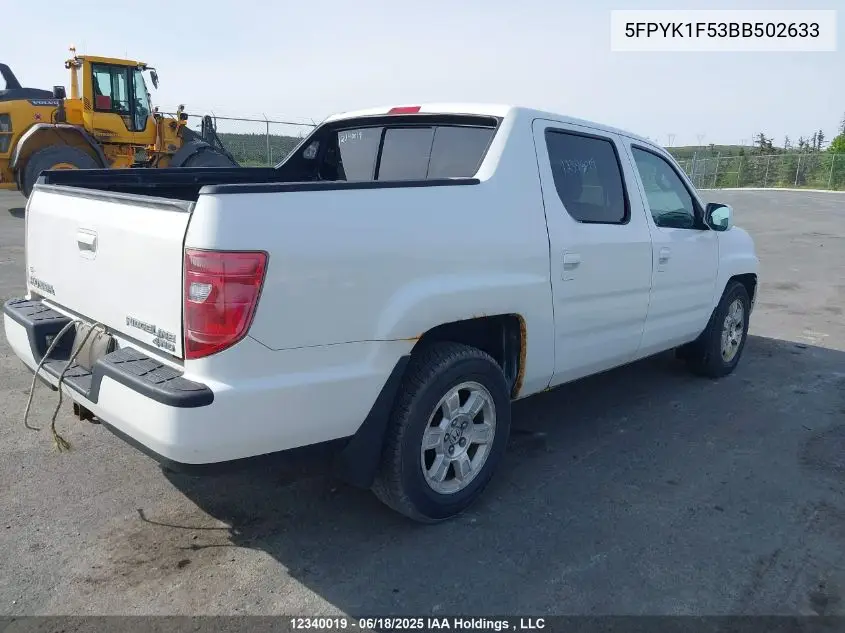 2011 Honda Ridgeline Rtl VIN: 5FPYK1F53BB502633 Lot: 12340019