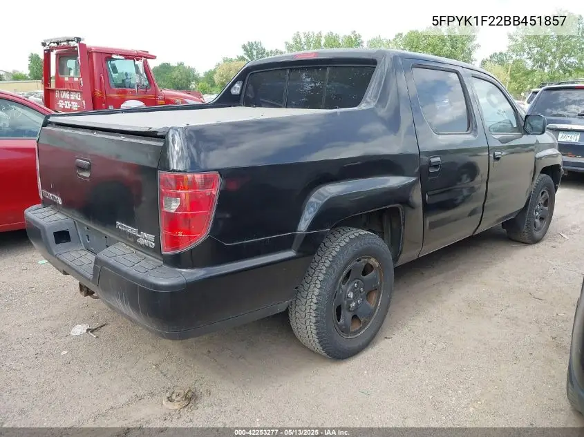 2011 Honda Ridgeline Rt VIN: 5FPYK1F22BB451857 Lot: 42253277
