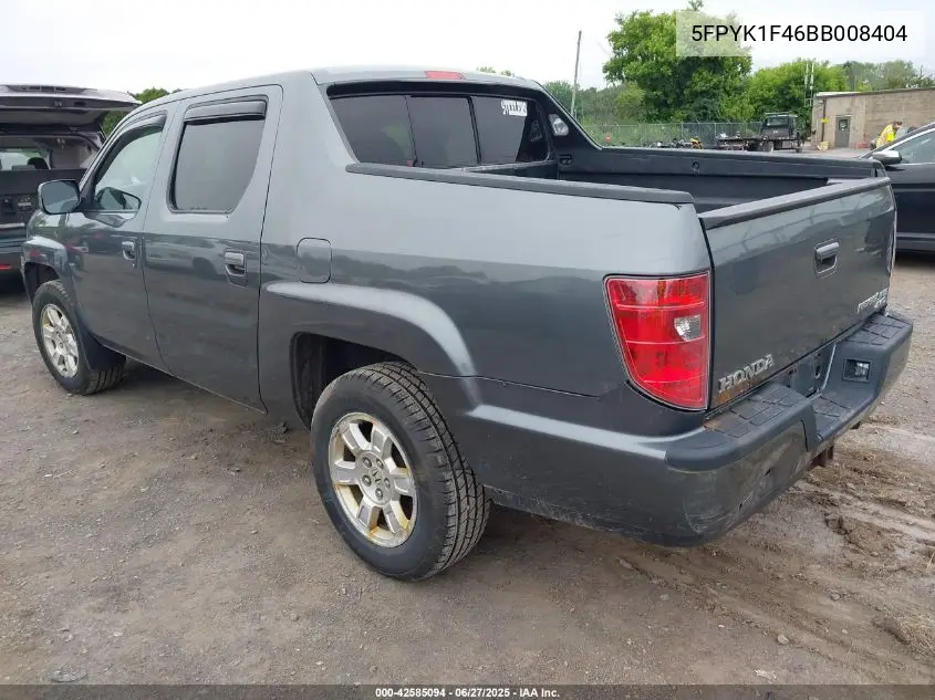 2011 Honda Ridgeline Rts VIN: 5FPYK1F46BB008404 Lot: 42585094