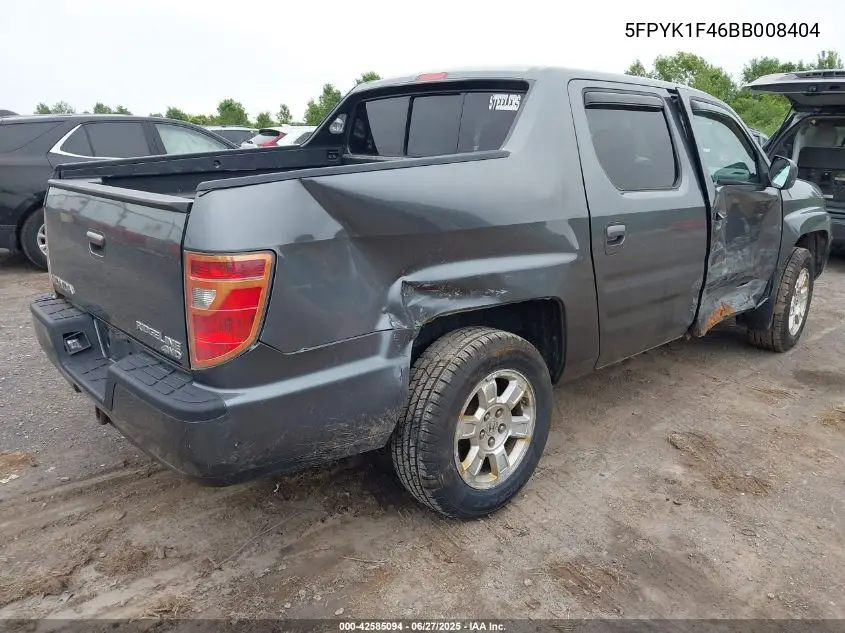 2011 Honda Ridgeline Rts VIN: 5FPYK1F46BB008404 Lot: 42585094