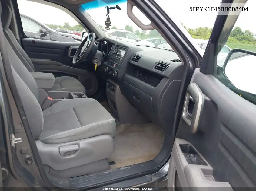 2011 Honda Ridgeline Rts VIN: 5FPYK1F46BB008404 Lot: 42585094