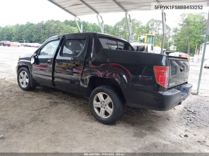 2011 Honda Ridgeline Rtl VIN: 5FPYK1F58BB453252 Lot: 42657609