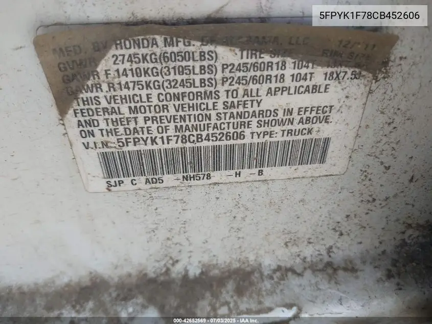 2012 Honda Ridgeline Sport VIN: 5FPYK1F78CB452606 Lot: 42652569
