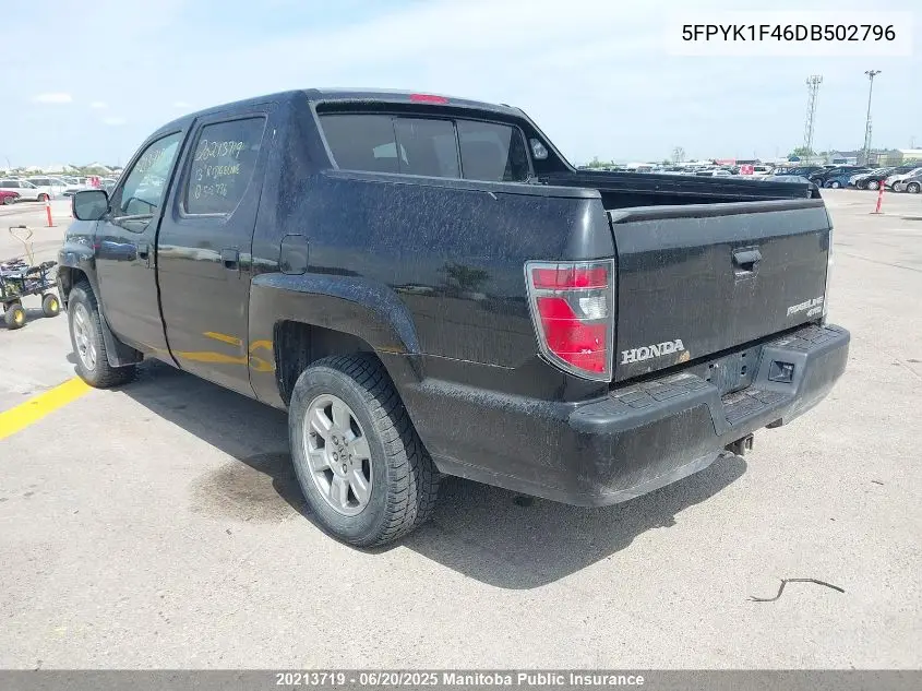 2013 Honda Ridgeline Rts VIN: 5FPYK1F46DB502796 Lot: 20213719