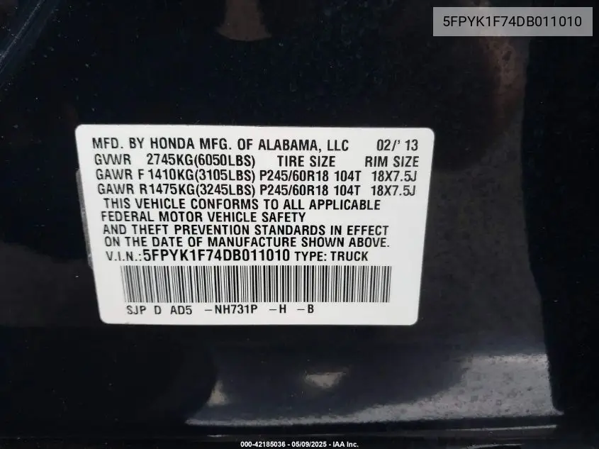2013 Honda Ridgeline Sport VIN: 5FPYK1F74DB011010 Lot: 42185036