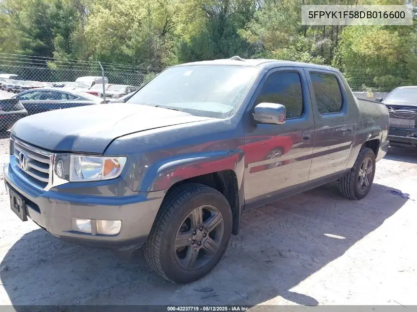 2013 Honda Ridgeline Rtl VIN: 5FPYK1F58DB016600 Lot: 42237719