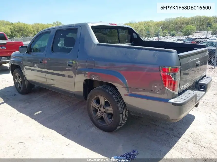 2013 Honda Ridgeline Rtl VIN: 5FPYK1F58DB016600 Lot: 42237719