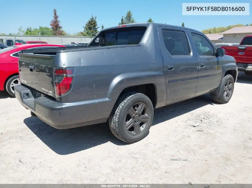 2013 Honda Ridgeline Rtl VIN: 5FPYK1F58DB016600 Lot: 42237719