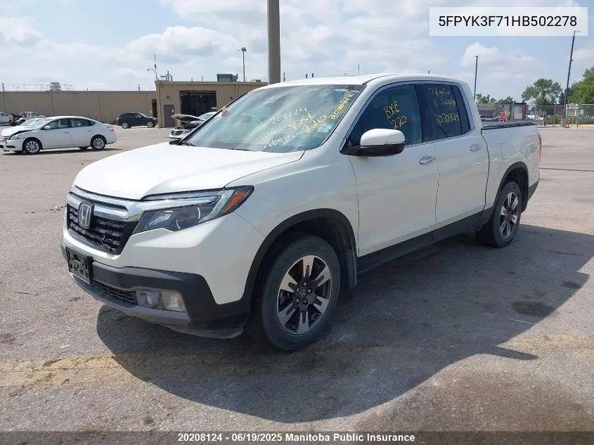 2017 Honda Ridgeline Touring VIN: 5FPYK3F71HB502278 Lot: 20208124