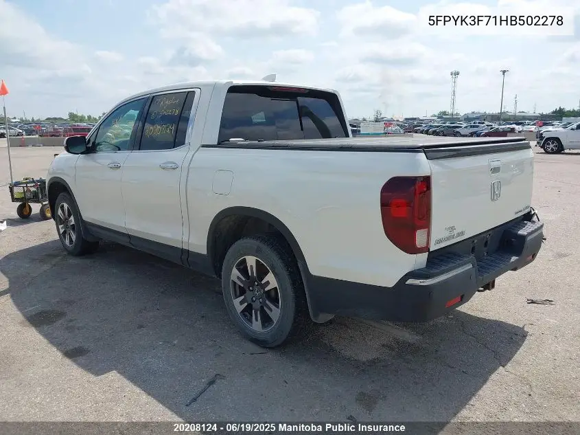 2017 Honda Ridgeline Touring VIN: 5FPYK3F71HB502278 Lot: 20208124