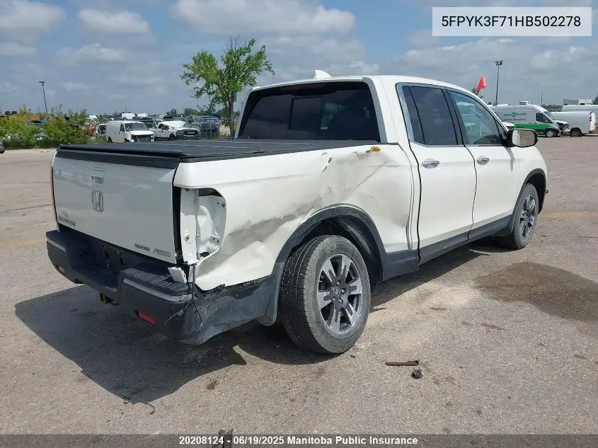 2017 Honda Ridgeline Touring VIN: 5FPYK3F71HB502278 Lot: 20208124