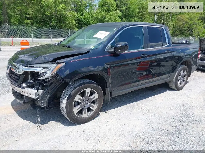 2017 Honda Ridgeline Rtl VIN: 5FPYK3F51HB013989 Lot: 42206513