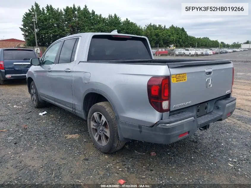 2017 Honda Ridgeline Rtl VIN: 5FPYK3F52HB019266 Lot: 42638081
