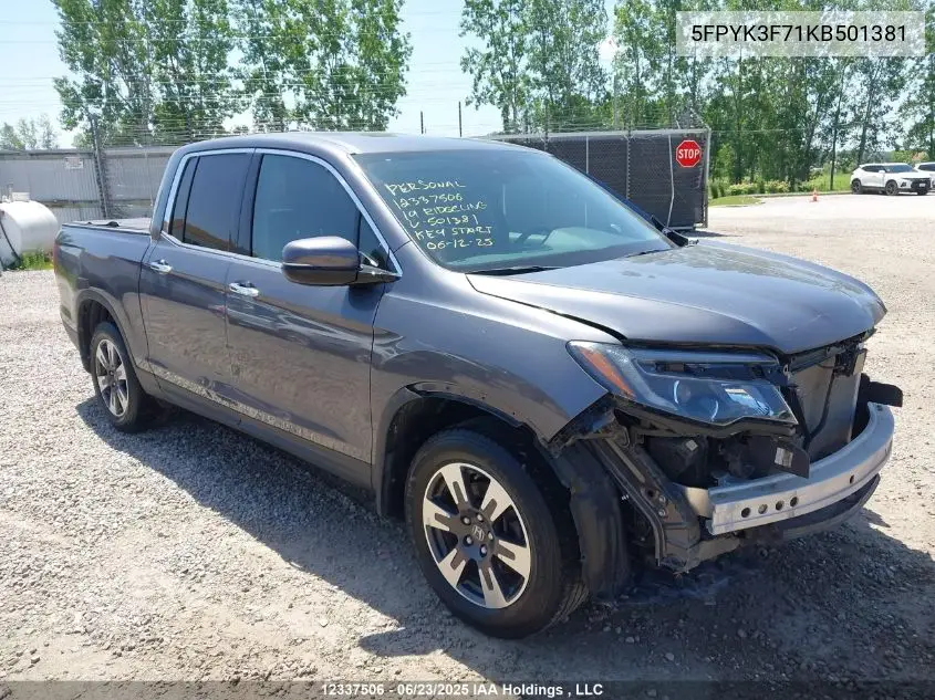 2019 Honda Ridgeline Rtl VIN: 5FPYK3F71KB501381 Lot: 12337506