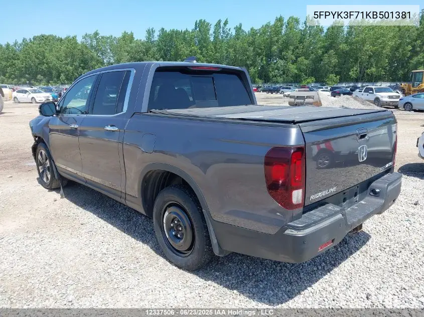 2019 Honda Ridgeline Rtl VIN: 5FPYK3F71KB501381 Lot: 12337506