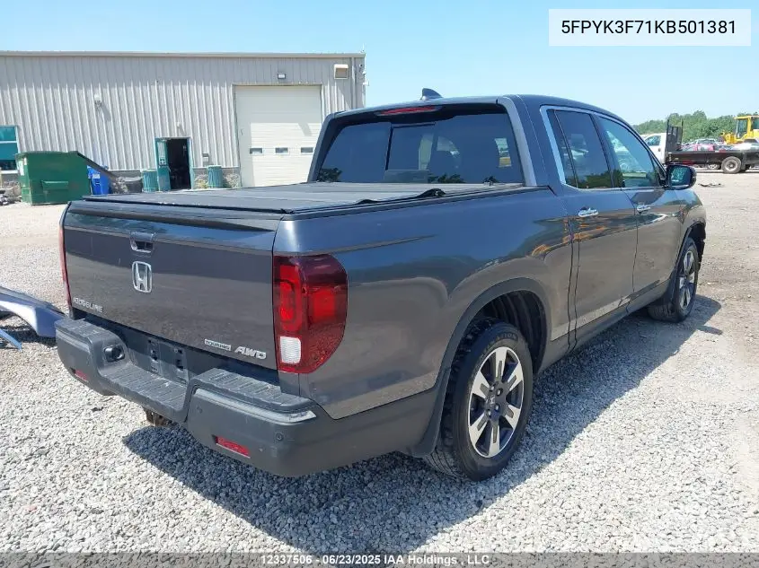 2019 Honda Ridgeline Rtl VIN: 5FPYK3F71KB501381 Lot: 12337506
