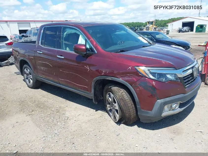 2019 Honda Ridgeline Rtl-E VIN: 5FPYK3F72KB031085 Lot: 42236249