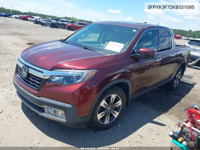 2019 Honda Ridgeline Rtl-E VIN: 5FPYK3F72KB031085 Lot: 42236249