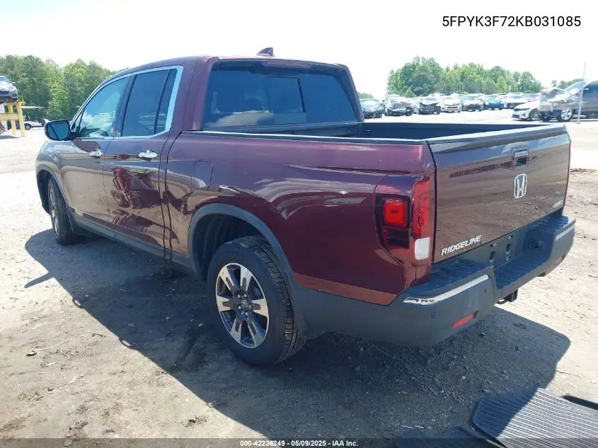 2019 Honda Ridgeline Rtl-E VIN: 5FPYK3F72KB031085 Lot: 42236249