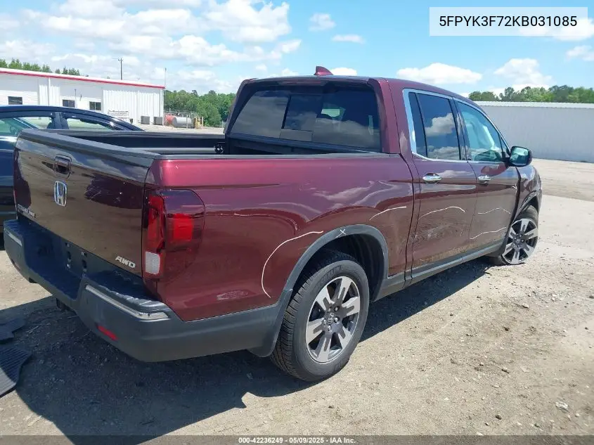 2019 Honda Ridgeline Rtl-E VIN: 5FPYK3F72KB031085 Lot: 42236249