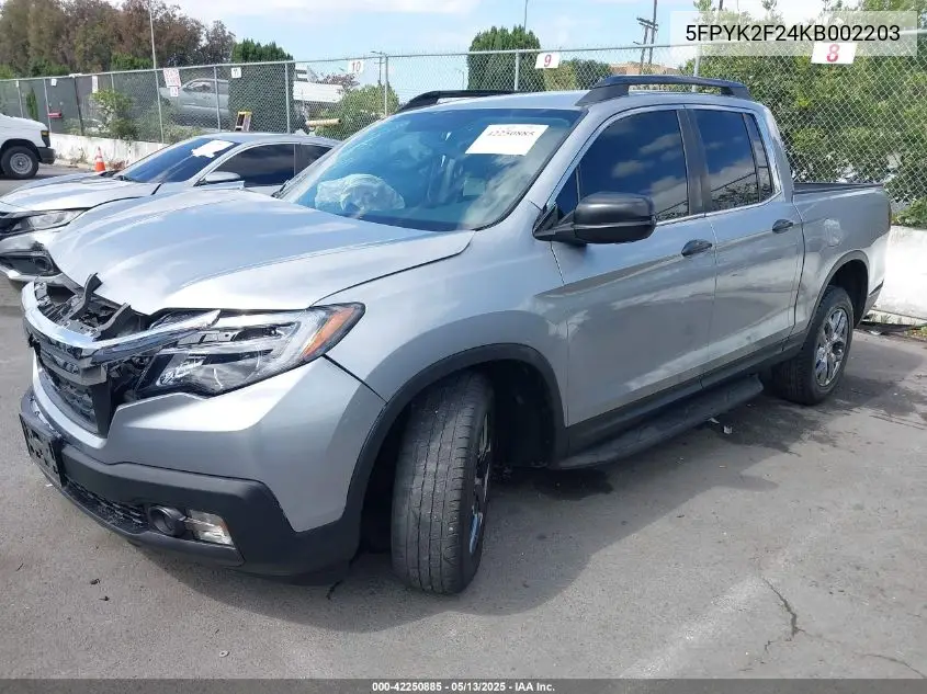 2019 Honda Ridgeline Rt VIN: 5FPYK2F24KB002203 Lot: 42250885