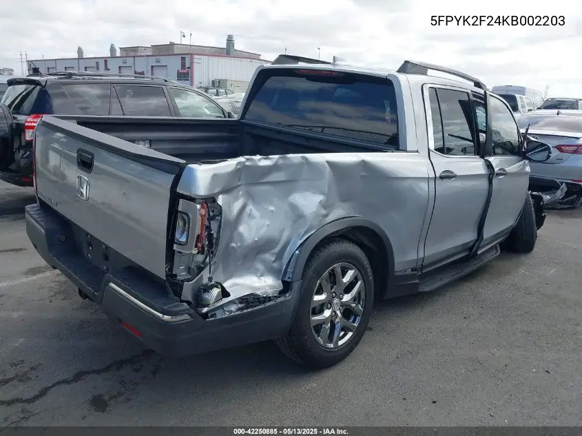 2019 Honda Ridgeline Rt VIN: 5FPYK2F24KB002203 Lot: 42250885