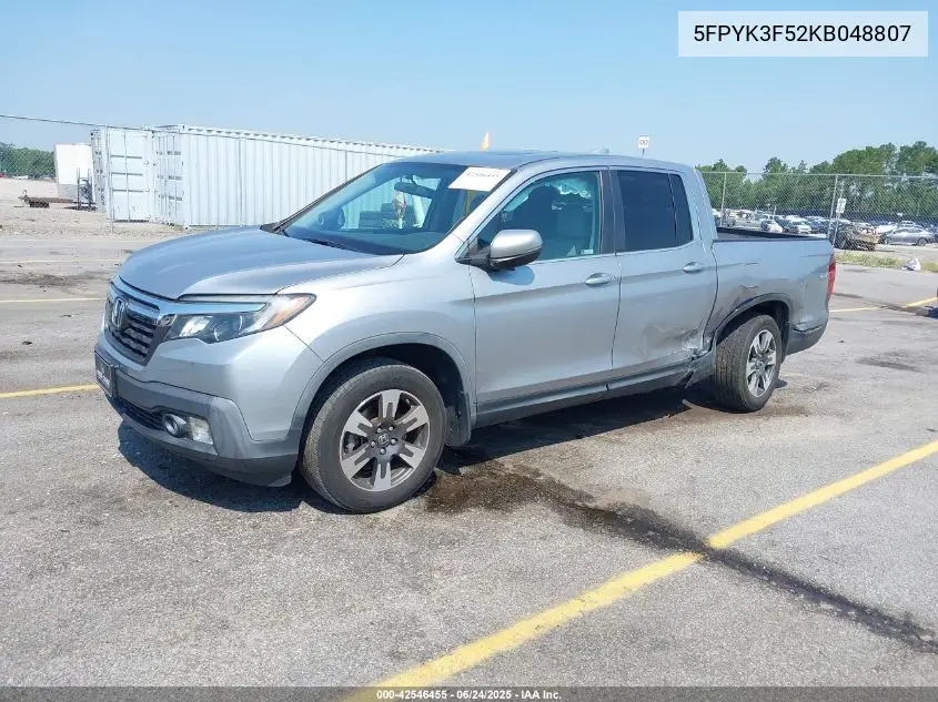2019 Honda Ridgeline Rtl VIN: 5FPYK3F52KB048807 Lot: 42546455