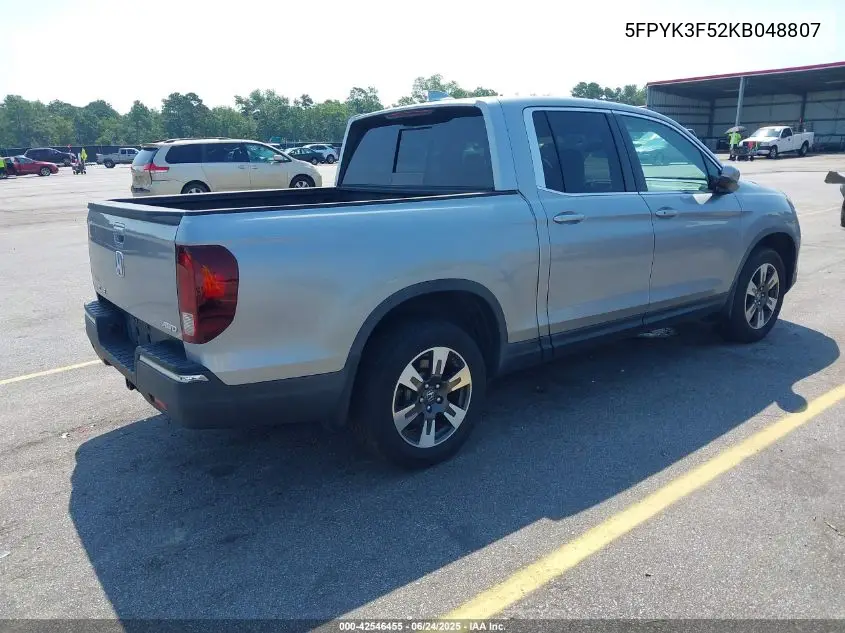 2019 Honda Ridgeline Rtl VIN: 5FPYK3F52KB048807 Lot: 42546455