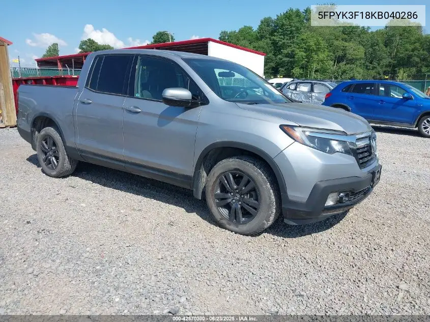 2019 Honda Ridgeline Sport VIN: 5FPYK3F18KB040286 Lot: 42570300