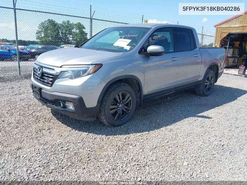 2019 Honda Ridgeline Sport VIN: 5FPYK3F18KB040286 Lot: 42570300