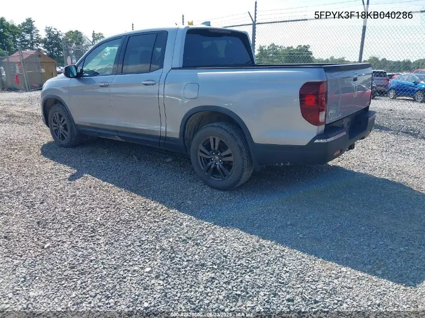 2019 Honda Ridgeline Sport VIN: 5FPYK3F18KB040286 Lot: 42570300