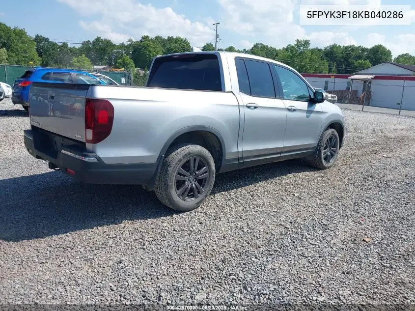 2019 Honda Ridgeline Sport VIN: 5FPYK3F18KB040286 Lot: 42570300