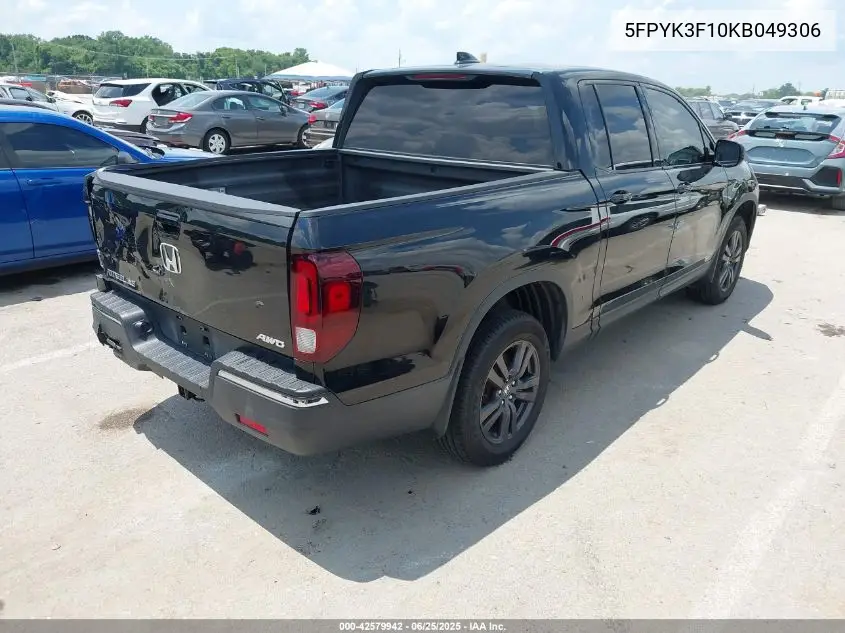 2019 Honda Ridgeline Sport VIN: 5FPYK3F10KB049306 Lot: 42579942
