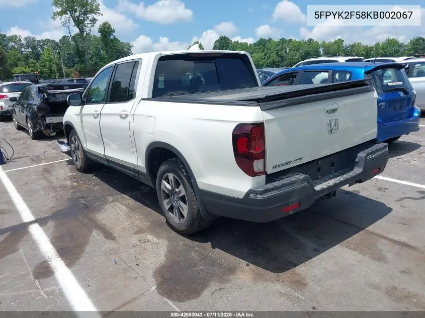 2019 Honda Ridgeline Rtl VIN: 5FPYK2F58KB002067 Lot: 42653043