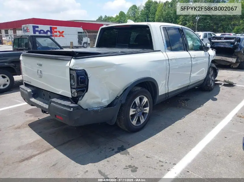 2019 Honda Ridgeline Rtl VIN: 5FPYK2F58KB002067 Lot: 42653043