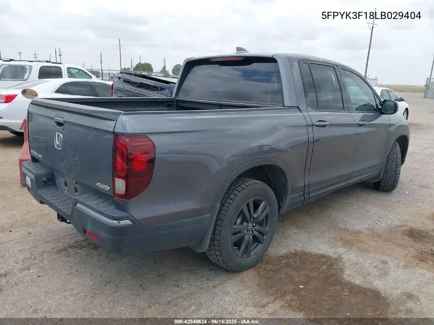 2020 Honda Ridgeline Awd Sport VIN: 5FPYK3F18LB029404 Lot: 42540634