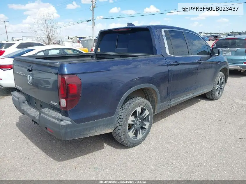 2020 Honda Ridgeline Awd Rtl VIN: 5FPYK3F50LB023437 Lot: 42565038