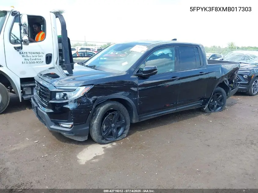 2021 Honda Ridgeline Black Edition VIN: 5FPYK3F8XMB017303 Lot: 42716312