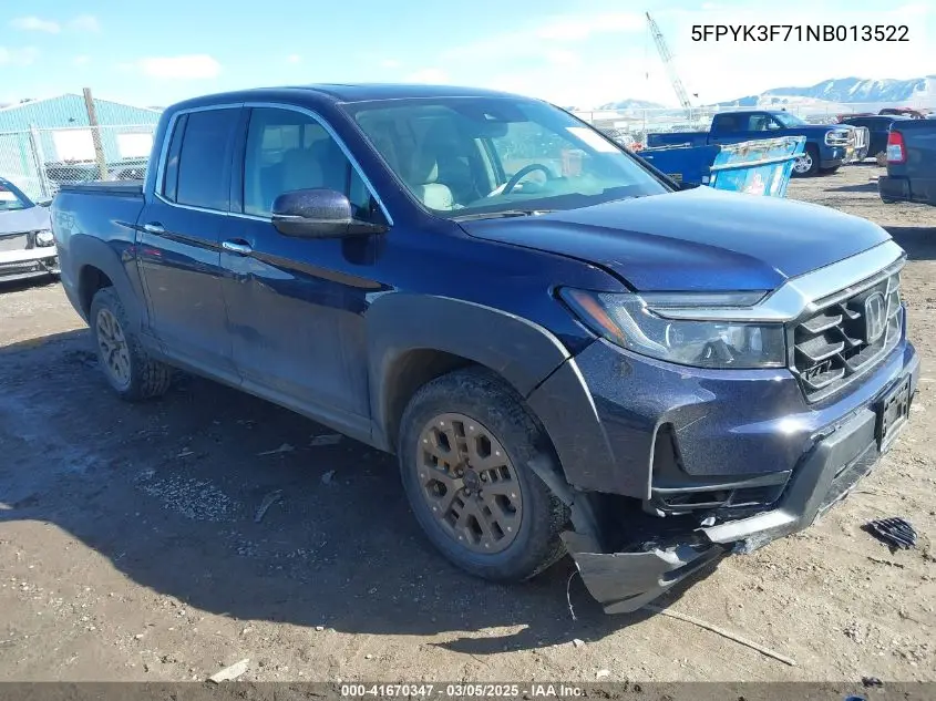 2022 Honda Ridgeline Rtl-E VIN: 5FPYK3F71NB013522 Lot: 41670347