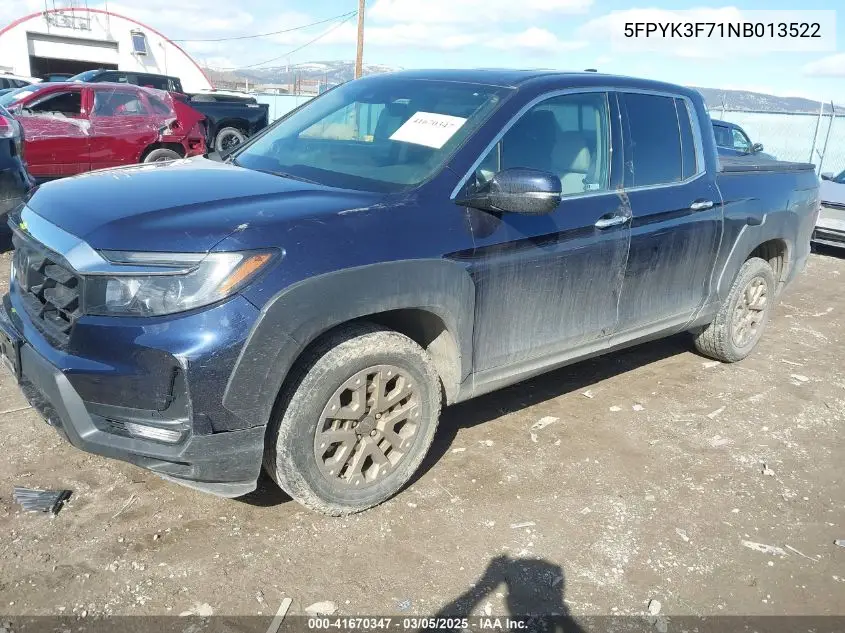 2022 Honda Ridgeline Rtl-E VIN: 5FPYK3F71NB013522 Lot: 41670347