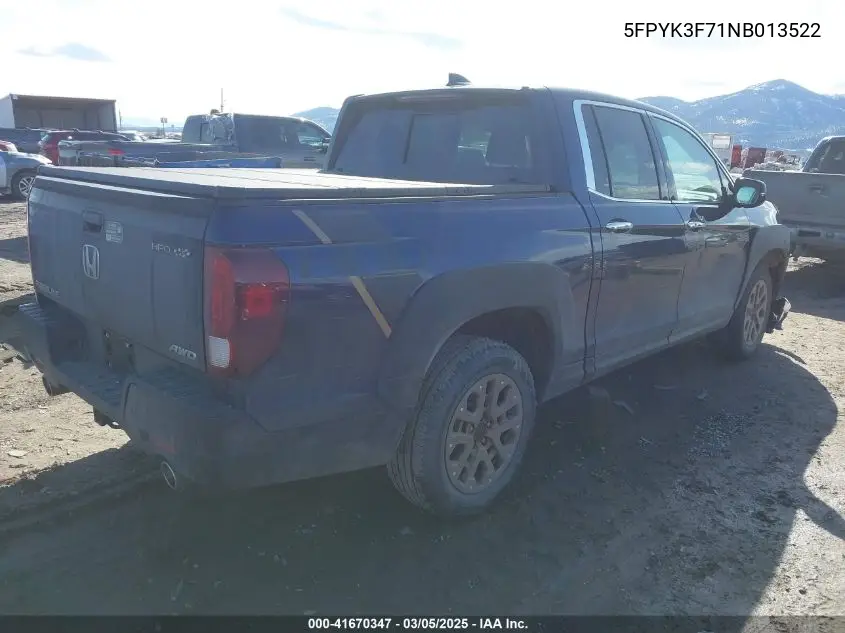 2022 Honda Ridgeline Rtl-E VIN: 5FPYK3F71NB013522 Lot: 41670347