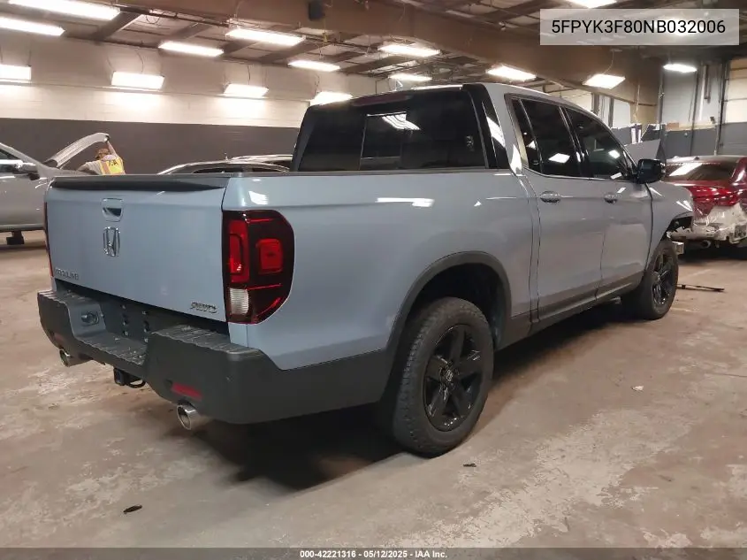 2022 Honda Ridgeline Black Edition VIN: 5FPYK3F80NB032006 Lot: 42221316