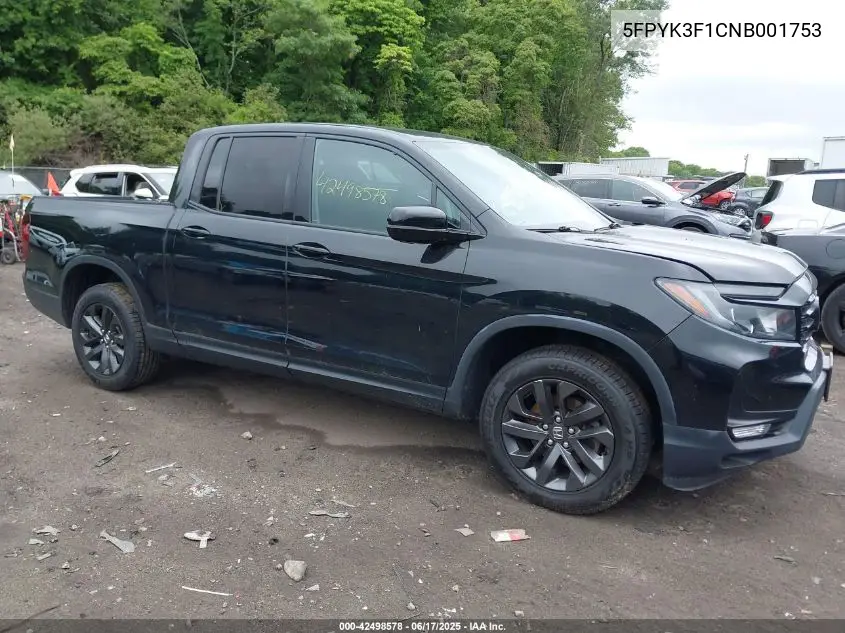 2022 Honda Ridgeline Sport VIN: 5FPYK3F1CNB001753 Lot: 42498578